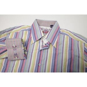 Robert Graham Shirt Men's Large Purple Pink Green Yellow Stripe Flip Cuff